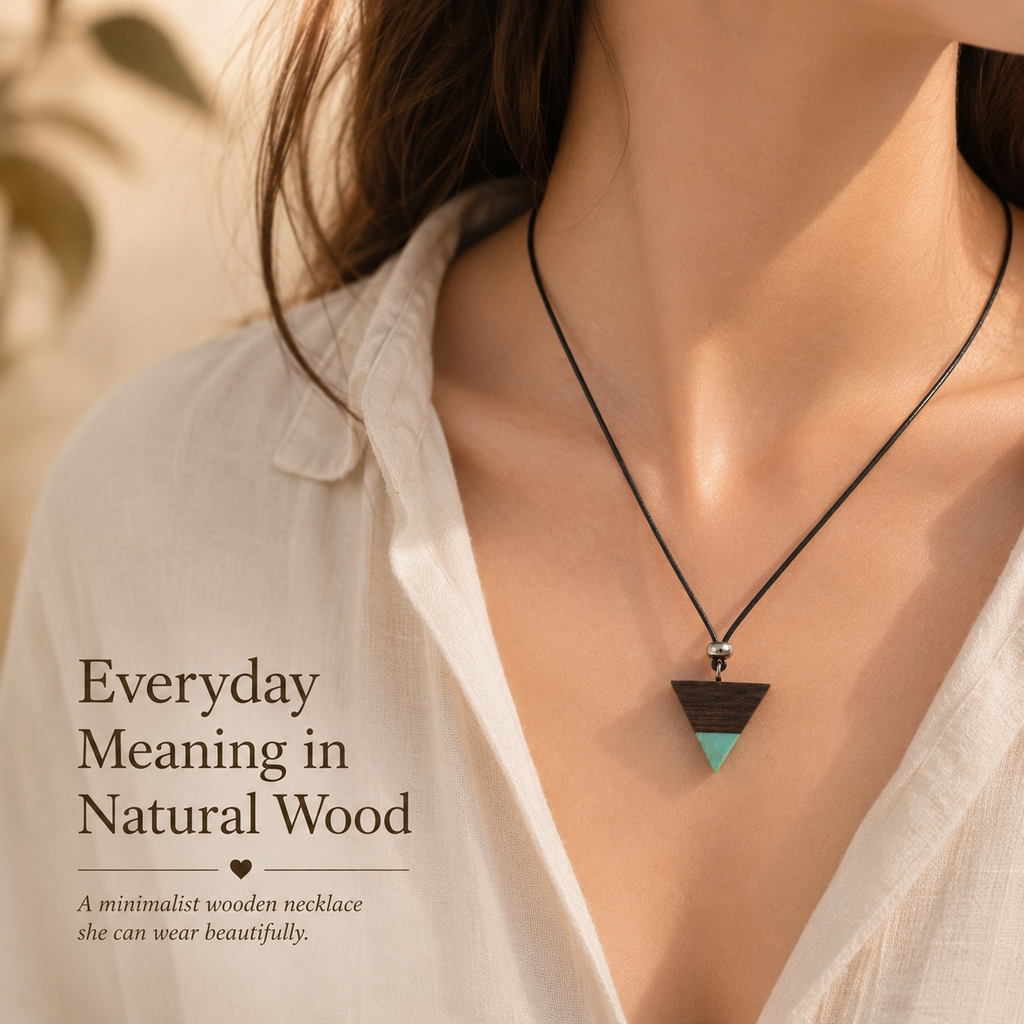 Handmade Wooden Triangle Necklace, styled product scene with anniversary-themed props