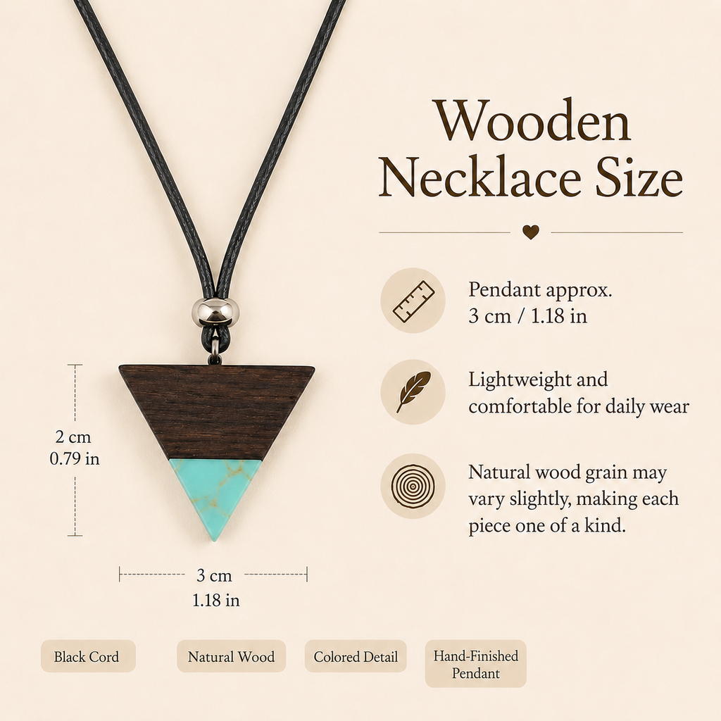 Handmade Wooden Triangle Necklace, size and dimensions infographic