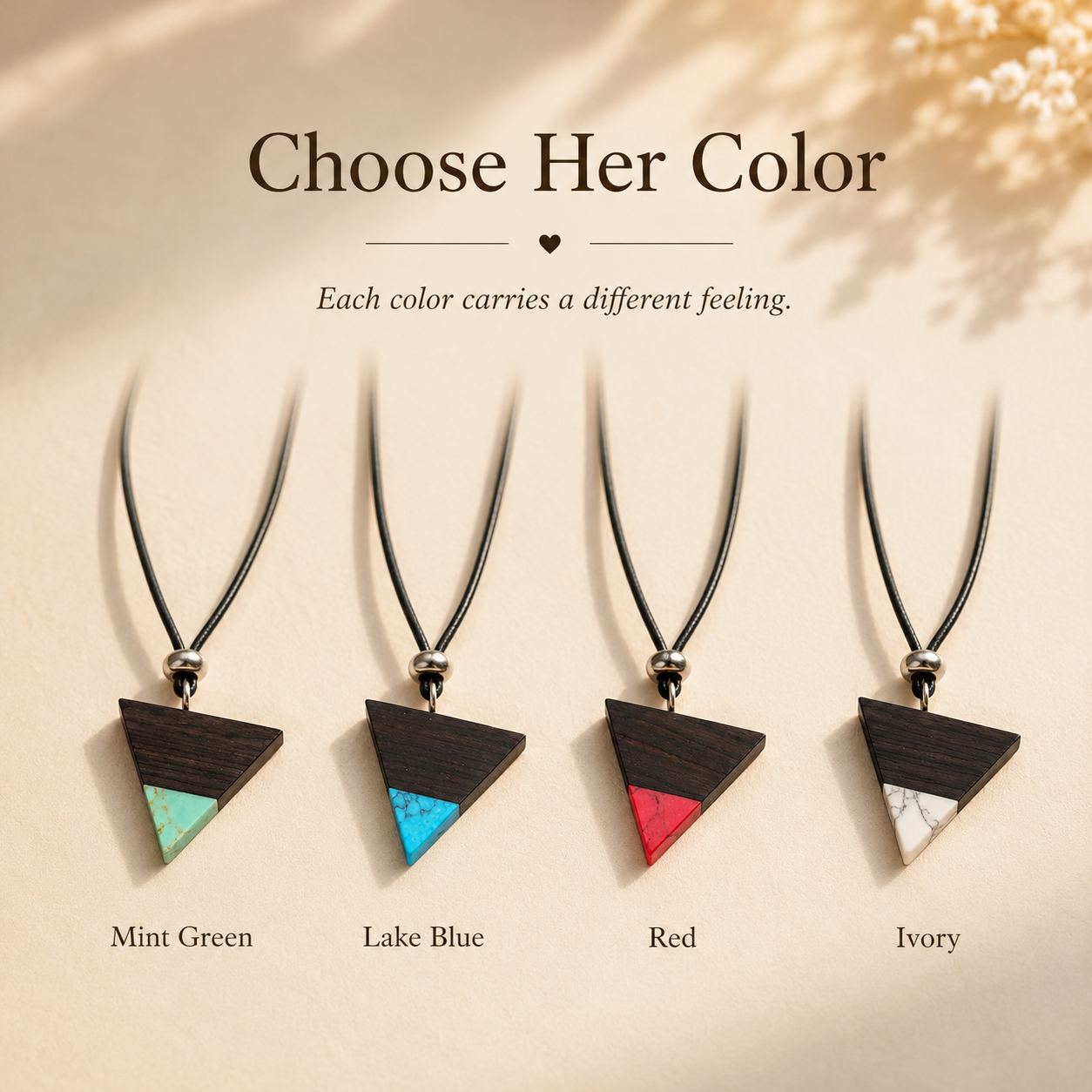 Handmade Wooden Triangle Necklace, styled product scene with anniversary-themed props
