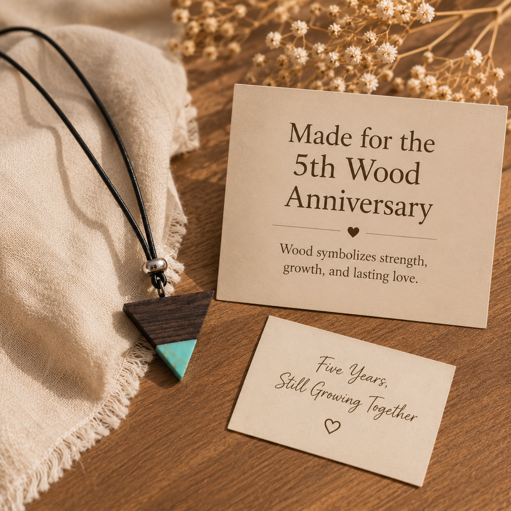 Handmade Wooden Triangle Necklace, product view on a neutral background