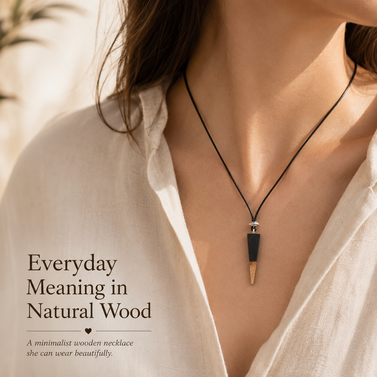 Handmade Wooden Triangle Necklace, shown worn for scale and styling