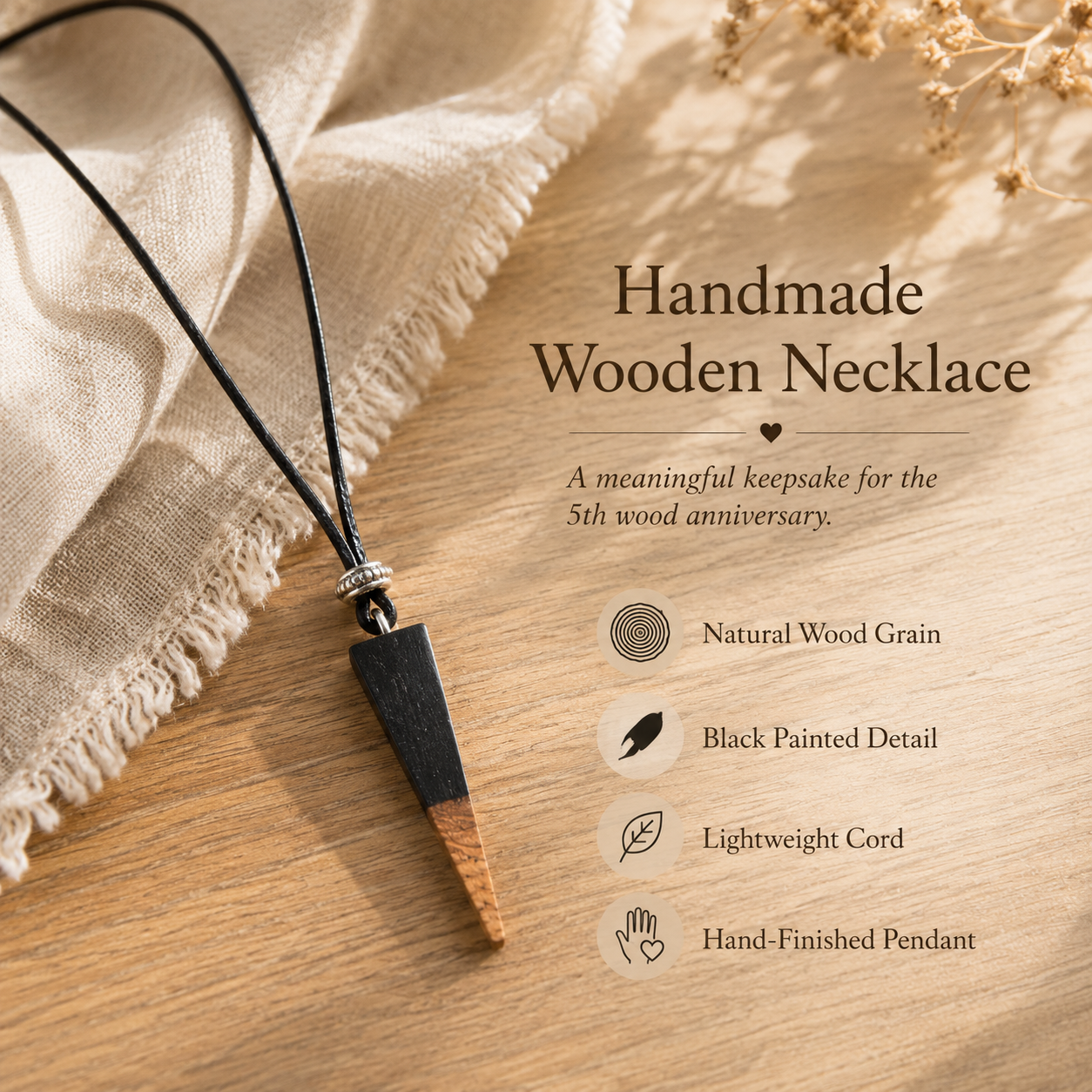 Handmade Wooden Triangle Necklace, styled product scene with anniversary-themed props