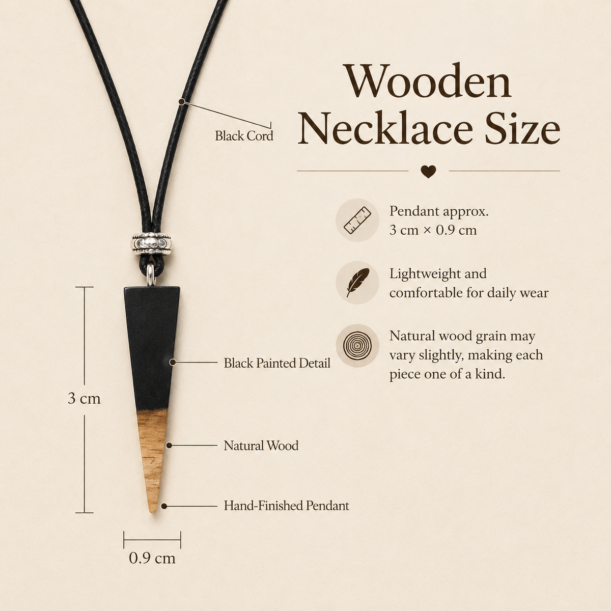 Handmade Wooden Triangle Necklace, size and dimensions infographic