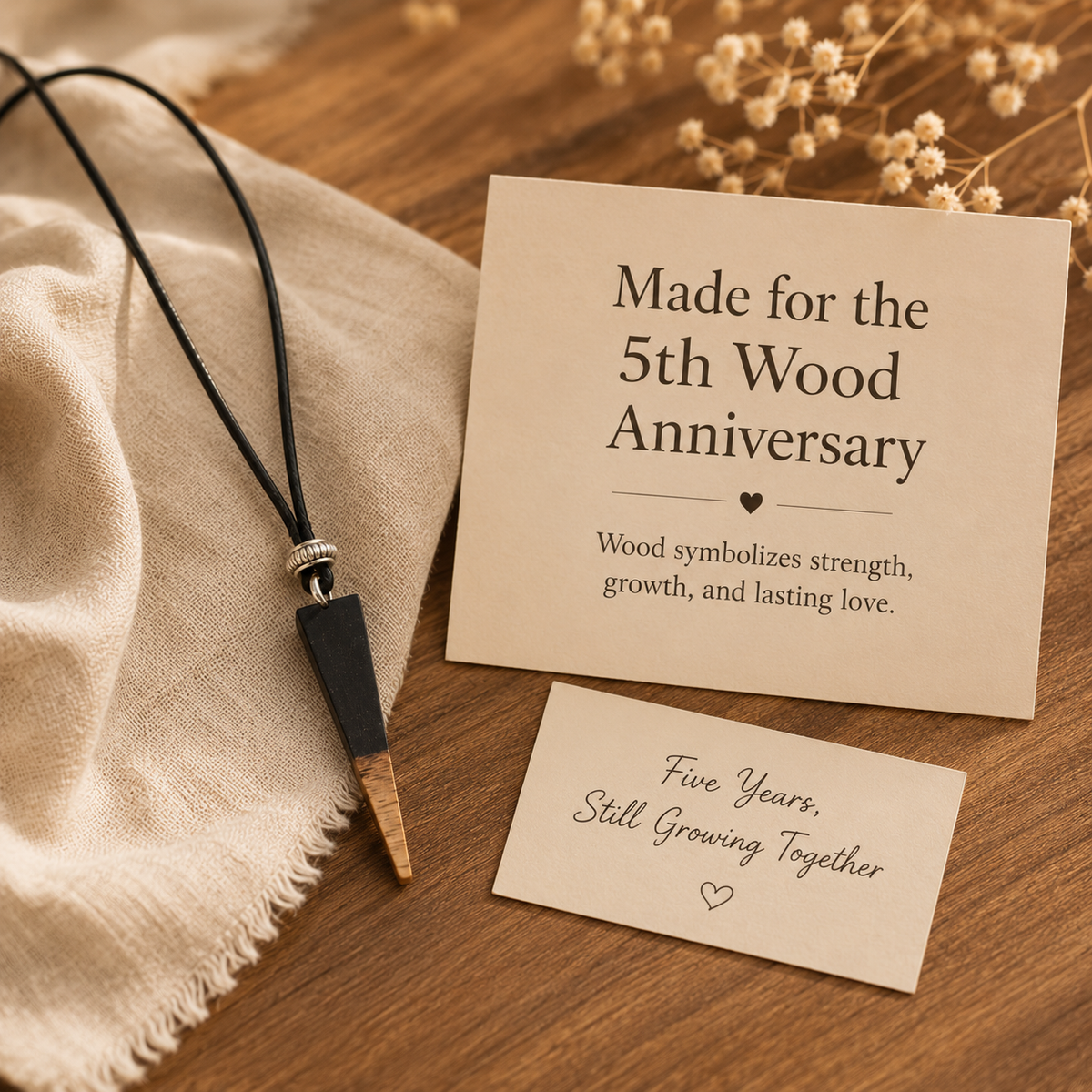 Handmade Wooden Triangle Necklace, styled product scene with anniversary-themed props