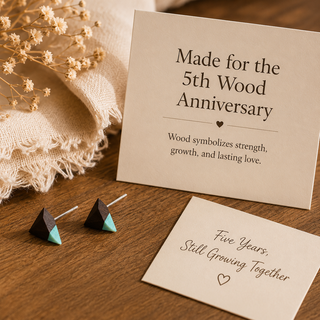 Handmade Wooden Triangle Stud Earrings, styled product scene with anniversary-themed props