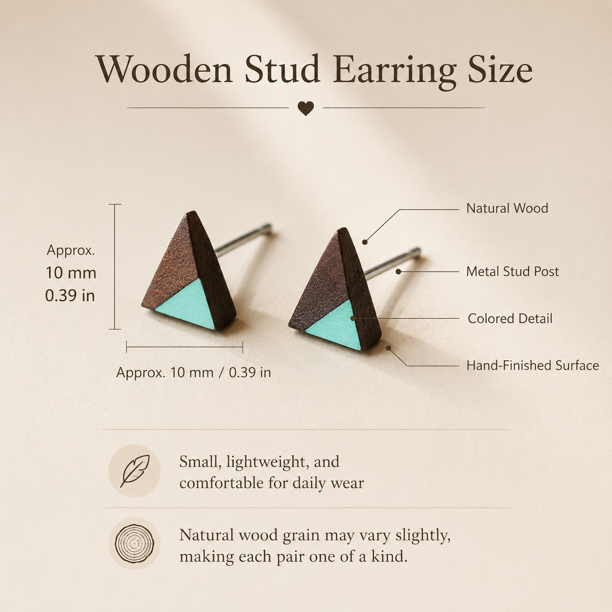 Handmade Wooden Triangle Stud Earrings, size and dimensions infographic