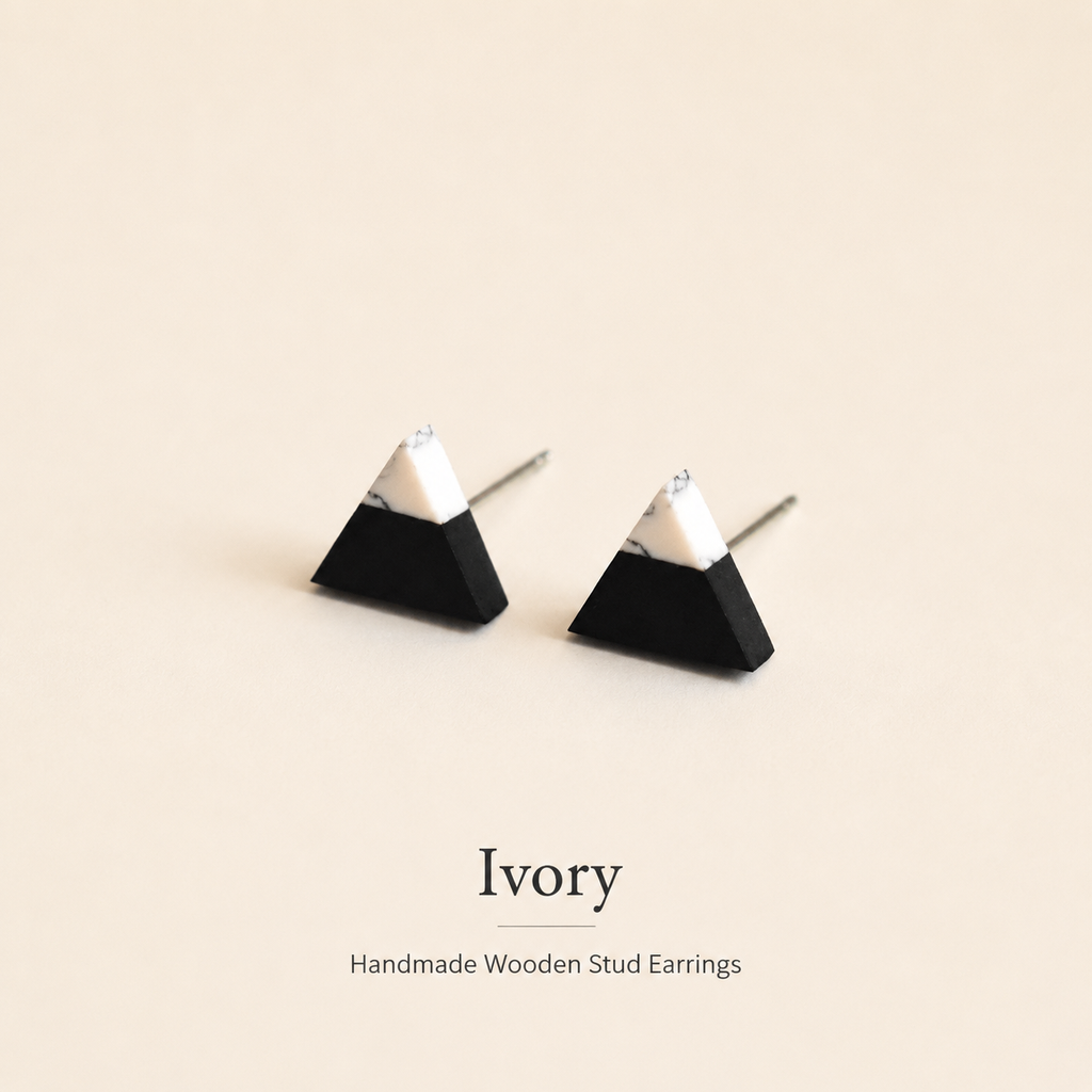 Handmade Wooden Triangle Stud Earrings, product view on a neutral background