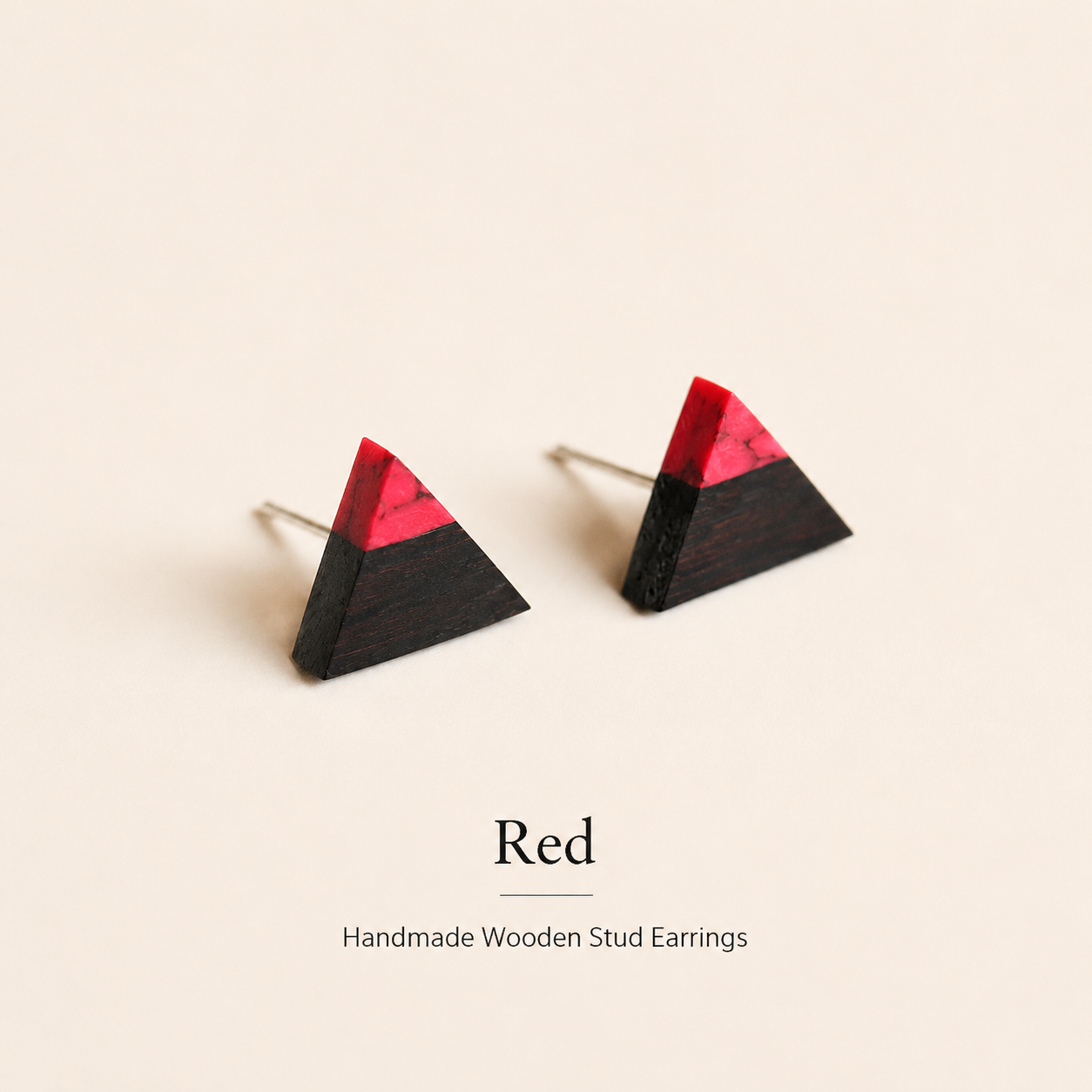 Handmade Wooden Triangle Stud Earrings, product view on a neutral background
