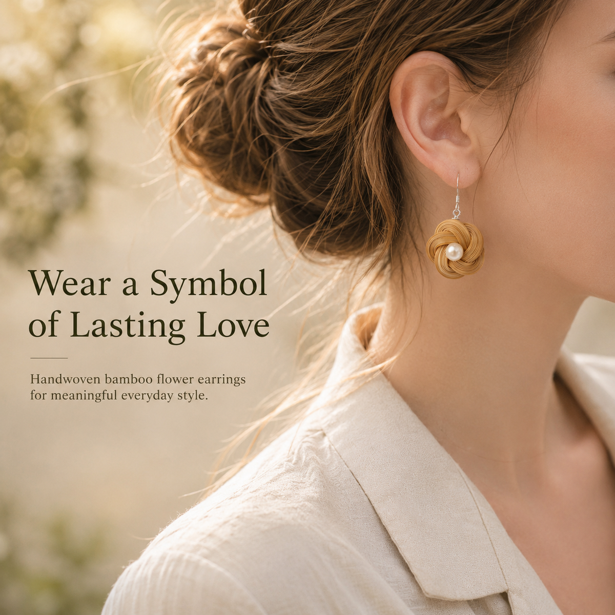 Handwoven Bamboo Flower Pearl Drop Earrings, shown worn for scale and styling