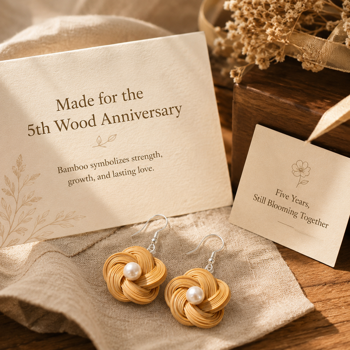 Handwoven Bamboo Flower Pearl Drop Earrings, styled product scene with anniversary-themed props