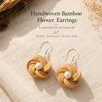 Handwoven Bamboo Flower Pearl Drop Earrings, product view on a neutral background