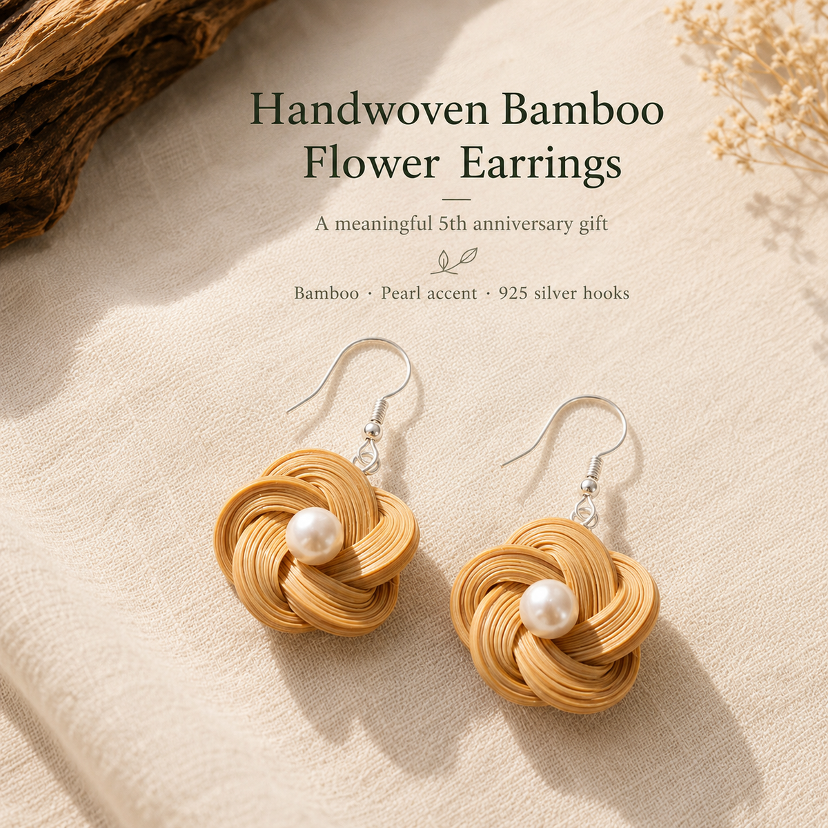 Handwoven Bamboo Flower Pearl Drop Earrings, product view on a neutral background