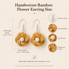 Handwoven Bamboo Flower Pearl Drop Earrings, size and dimensions infographic