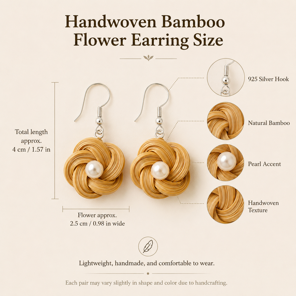 Handwoven Bamboo Flower Pearl Drop Earrings, size and dimensions infographic