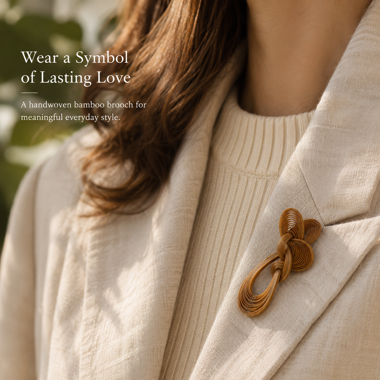 Handwoven Bamboo Knot Brooch, shown worn for scale and styling