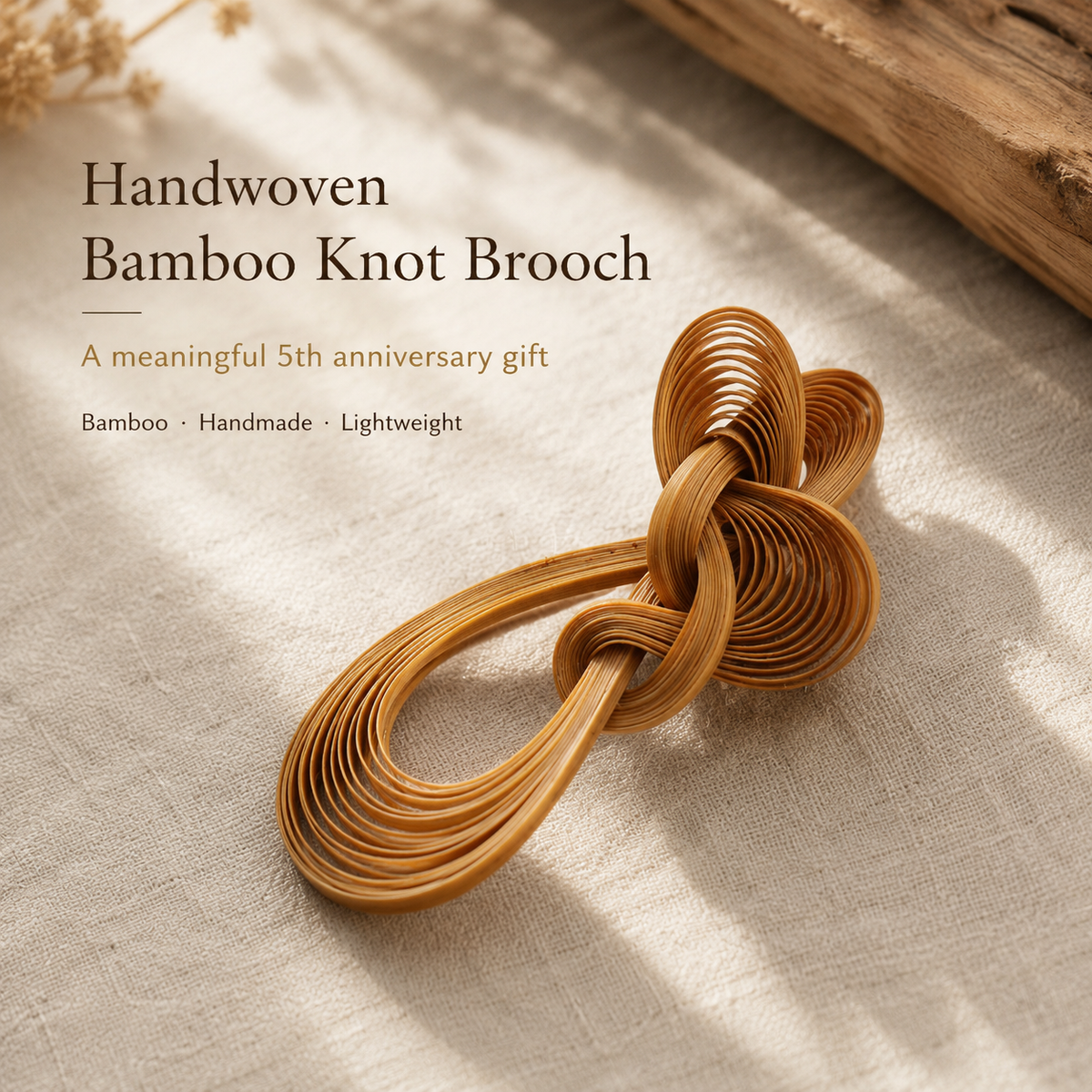 Handwoven Bamboo Knot Brooch, product view on a neutral background