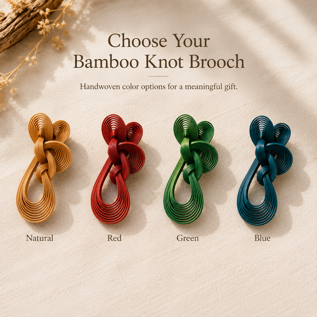 Handwoven Bamboo Knot Brooch, available color or style options