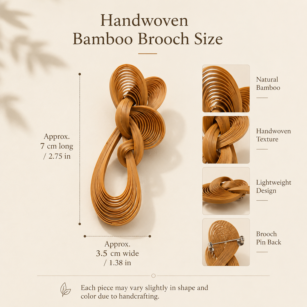 Handwoven Bamboo Knot Brooch, size and dimensions infographic