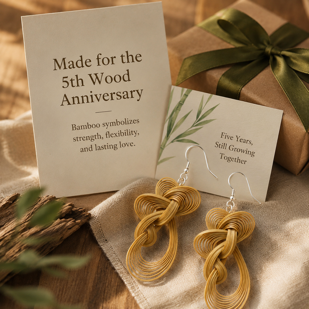 Handwoven Bamboo Knot Drop Earrings, styled product scene with anniversary-themed props