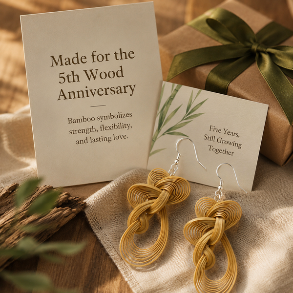 Handwoven Bamboo Knot Drop Earrings, styled product scene with anniversary-themed props