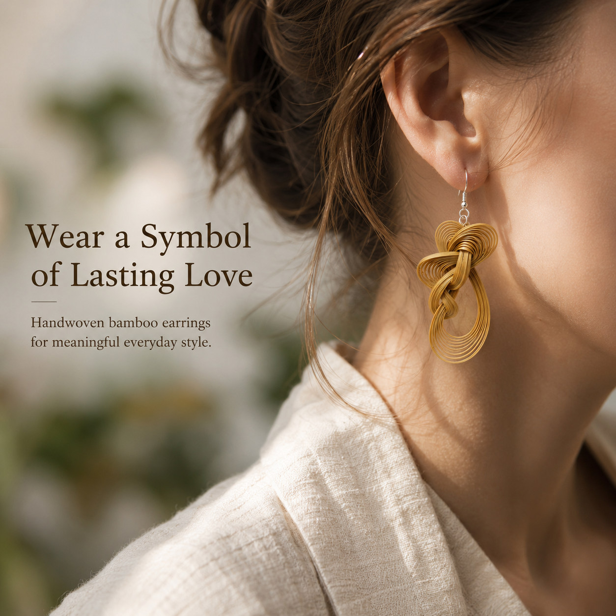 Handwoven Bamboo Knot Drop Earrings, shown worn for scale and styling