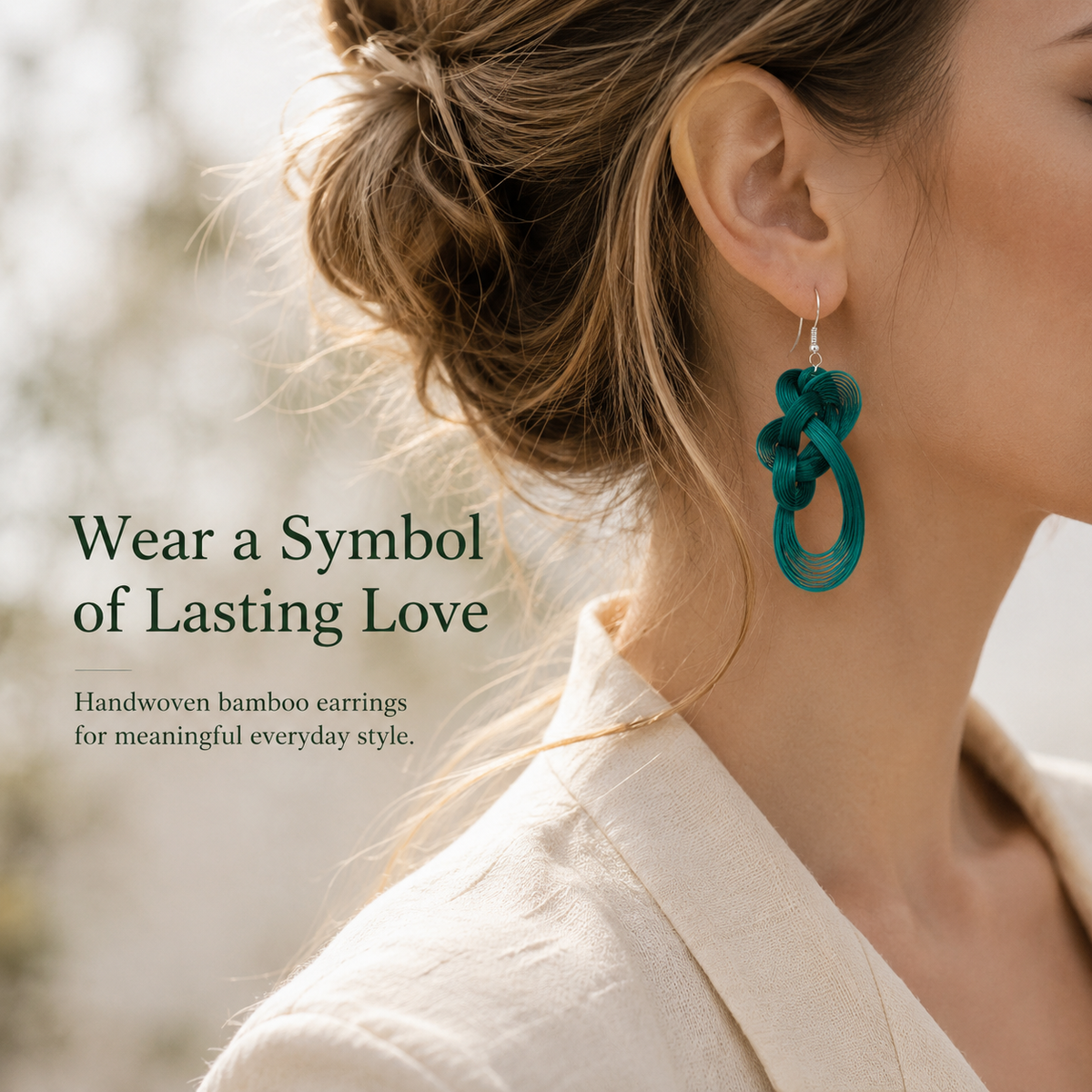 Handwoven Bamboo Knot Drop Earrings, shown worn for scale and styling