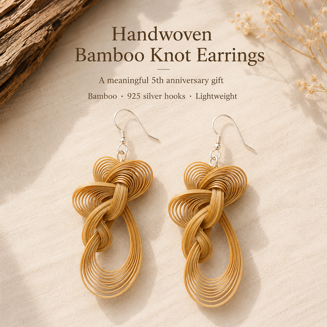 Handwoven Bamboo Knot Drop Earrings, product view on a neutral background