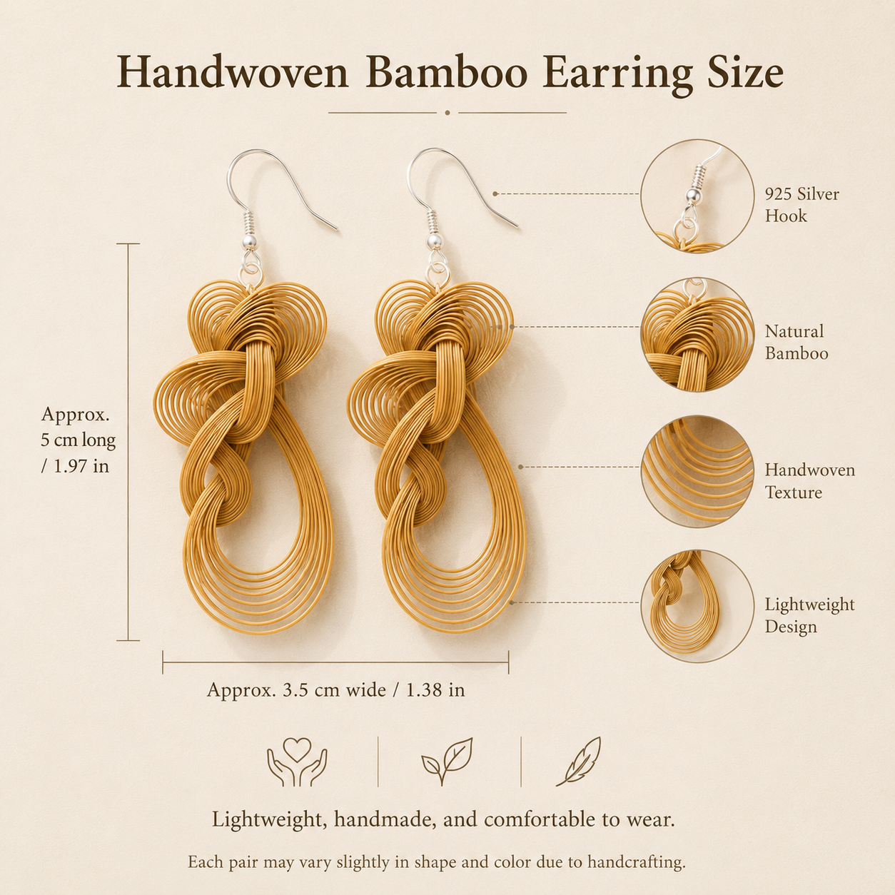 Handwoven Bamboo Knot Drop Earrings, size and dimensions infographic