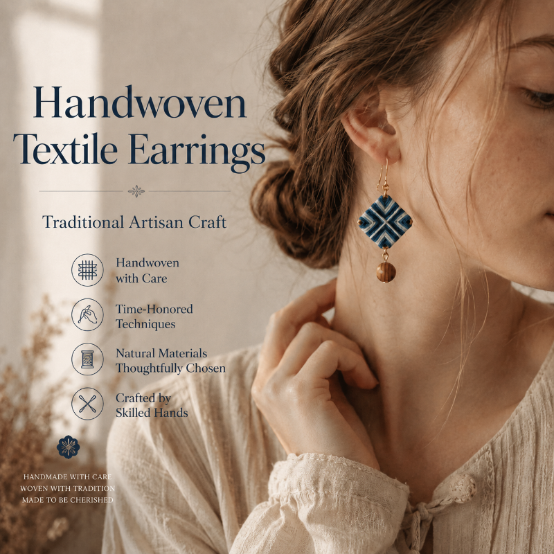 Handwoven Indigo Geometric Textile Earrings, product overview