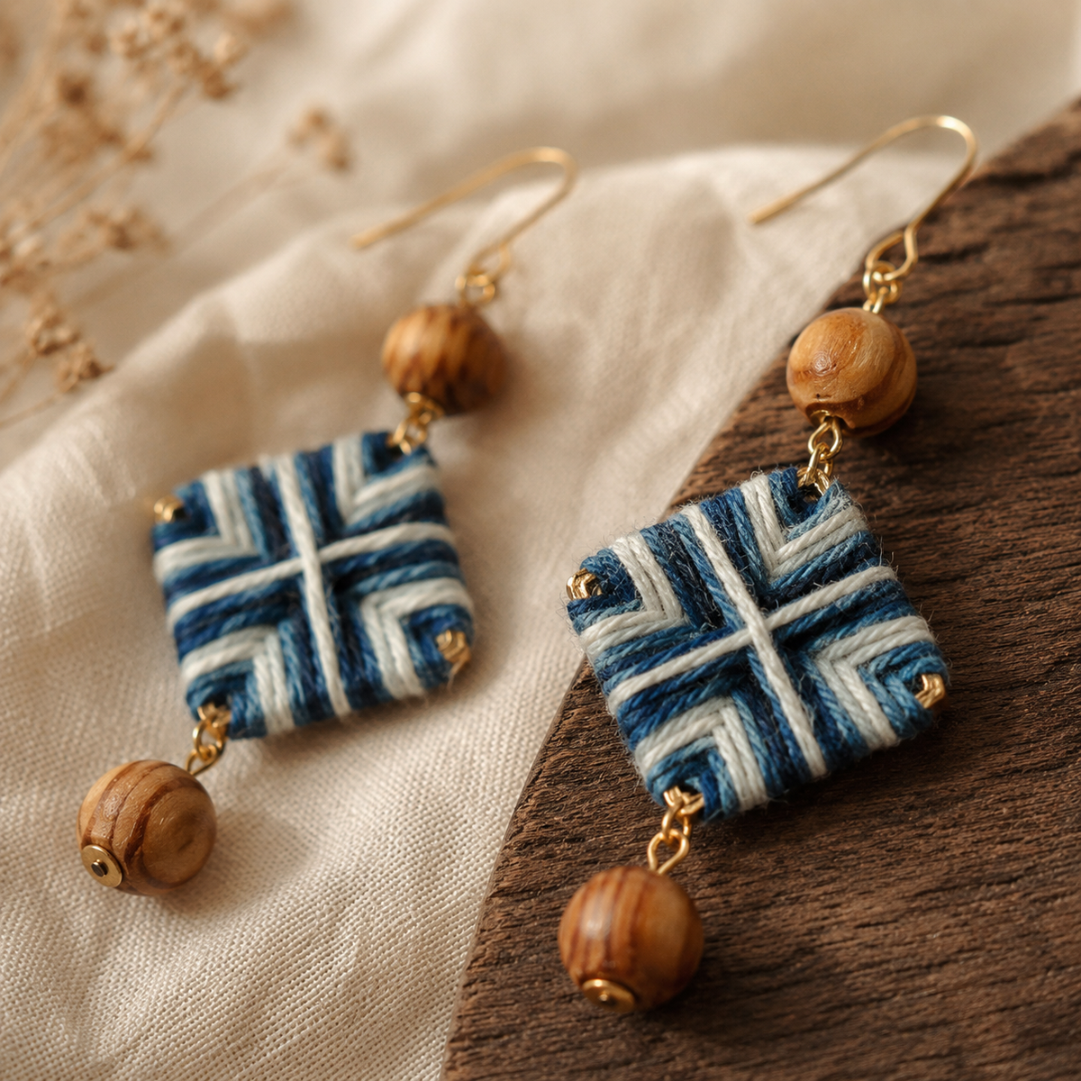 Handwoven Indigo Geometric Textile Earrings, styled product view