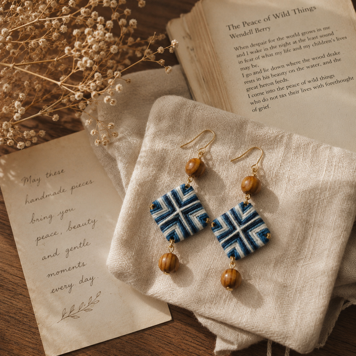 Handwoven Indigo Geometric Textile Earrings, close-up detail