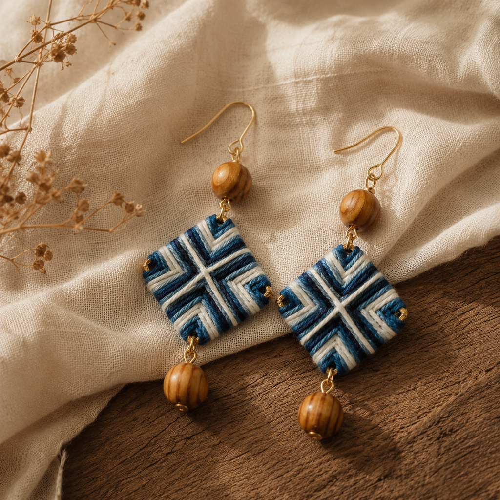 Handwoven Indigo Geometric Textile Earrings, size and feature guide