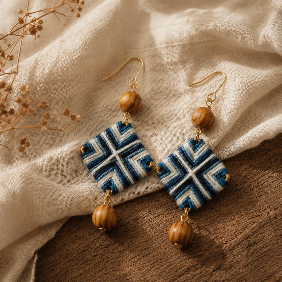 Handwoven Indigo Geometric Textile Earrings, size and feature guide