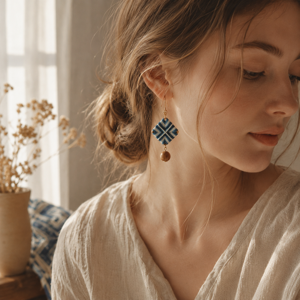 Handwoven Indigo Geometric Textile Earrings, lifestyle view