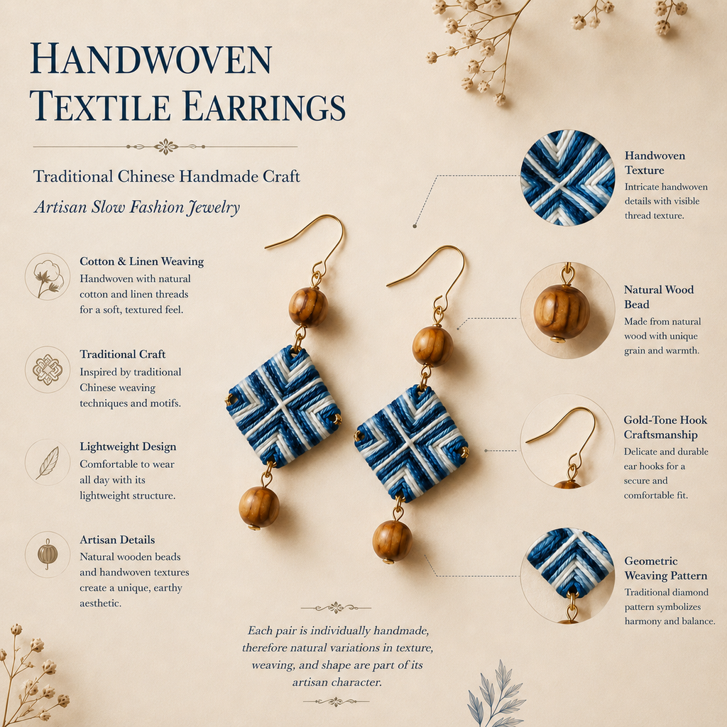 Handwoven Indigo Geometric Textile Earrings, craftsmanship details