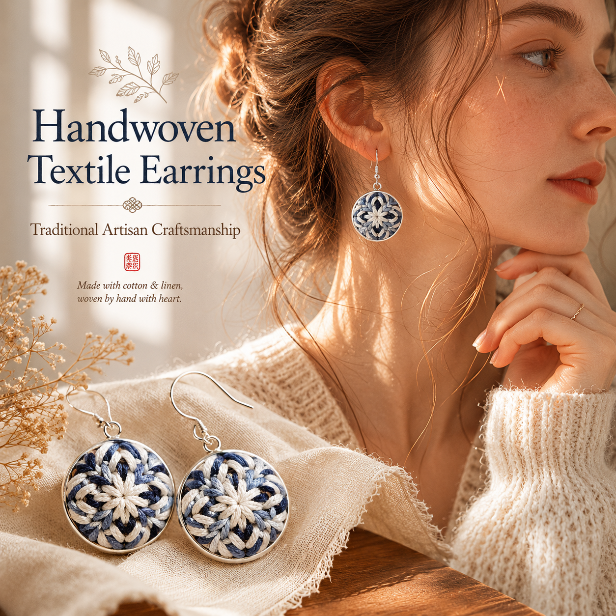 Handwoven Indigo Textile Earrings, product overview