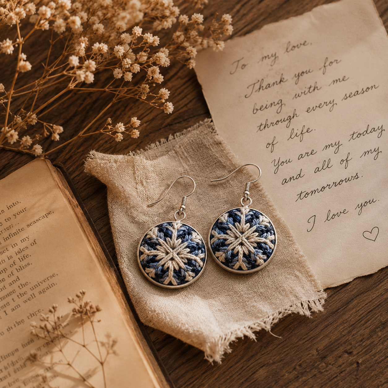 Handwoven Indigo Textile Earrings, styled product view