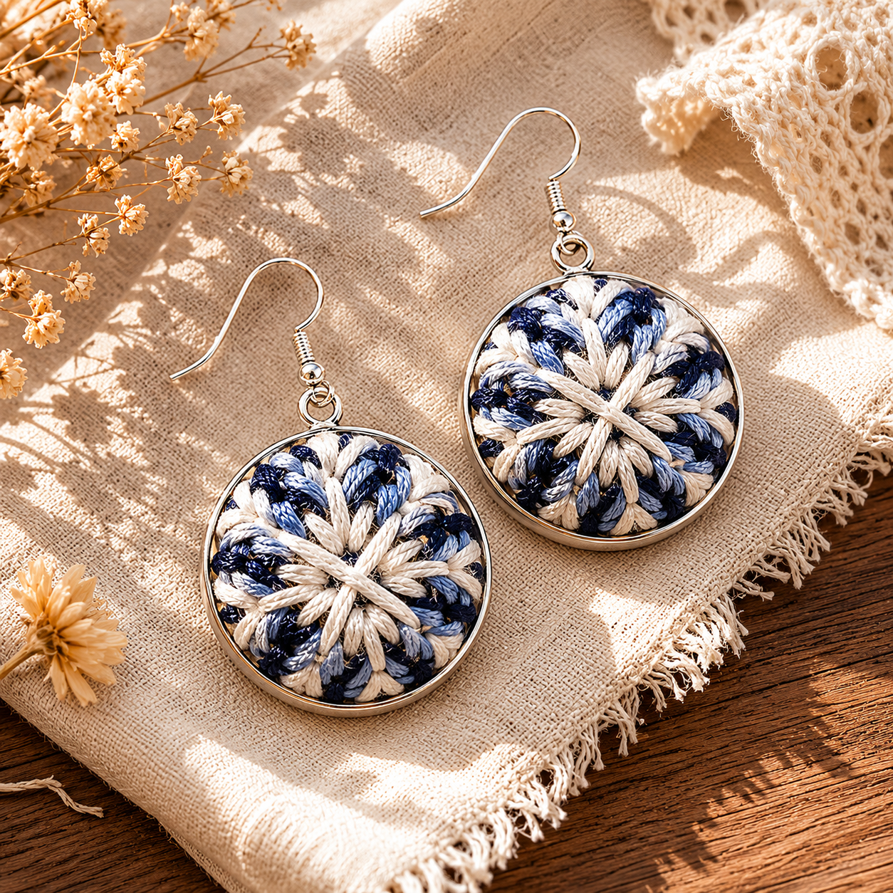 Handwoven Indigo Textile Earrings, size and feature guide
