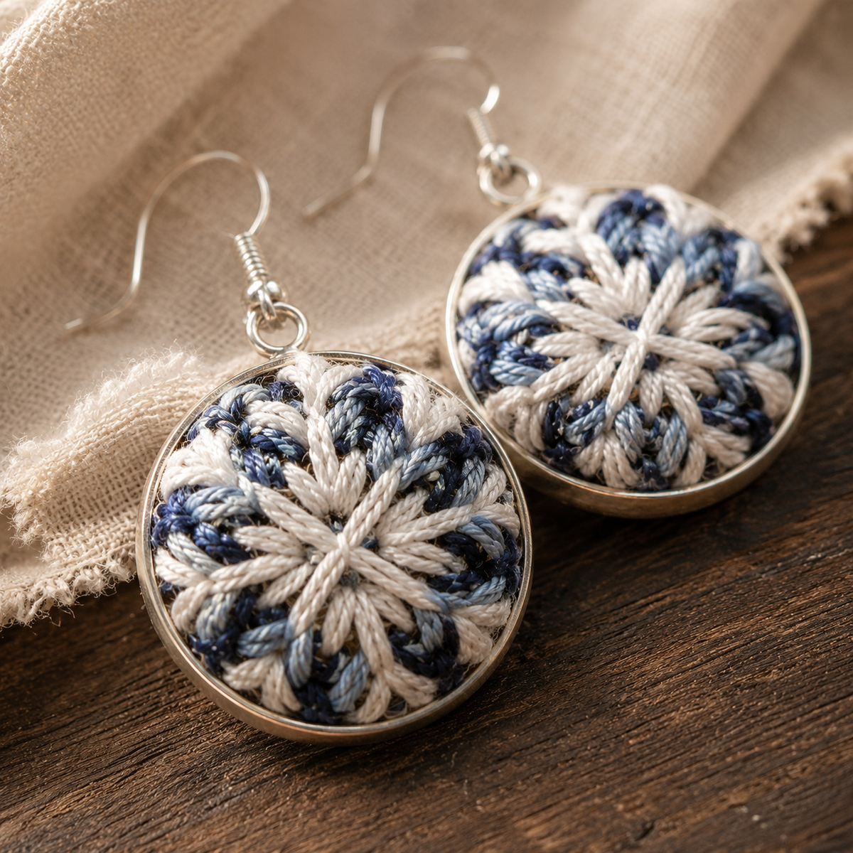 Handwoven Indigo Textile Earrings, lifestyle view