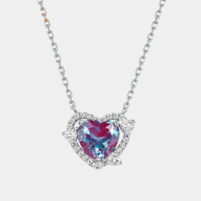 Heart Alexandrite halo pendant necklace with clear accents, full product view on a white background