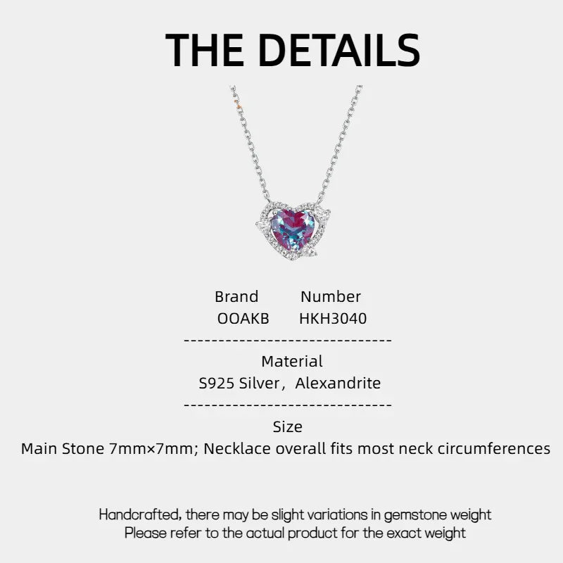 Heart Alexandrite halo pendant necklace with clear accents, product specification card with text