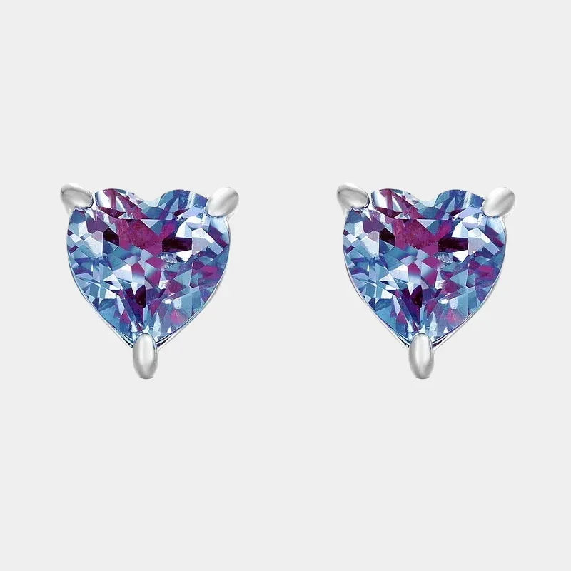 Heart Alexandrite stud earrings, front product view on a white background