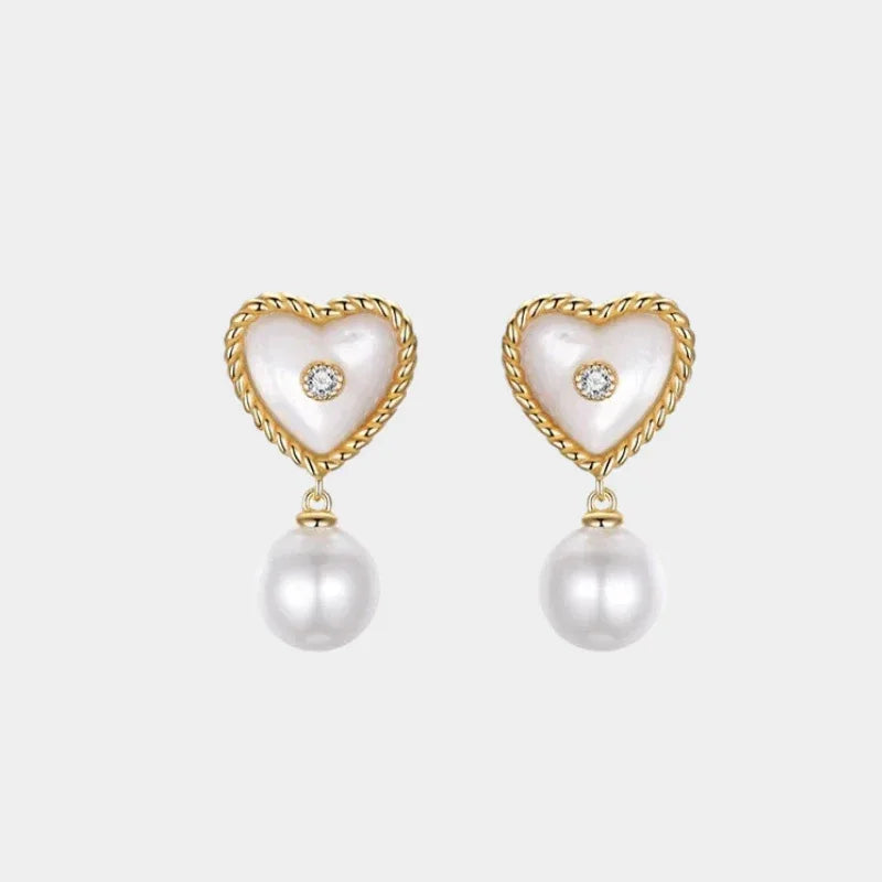 Pearl Drop Heart Earrings with Clear Center Accents — isolated front pair with pearl heart tops and round pearl drops