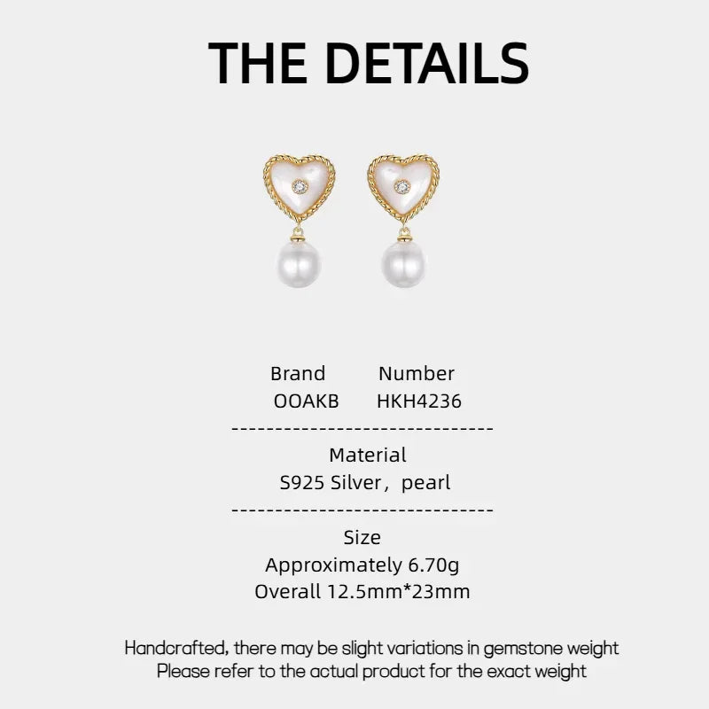 Pearl Drop Heart Earrings with Clear Center Accents — specification card with material and size details