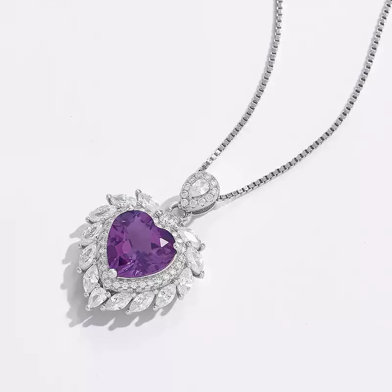heart-cut amethyst halo necklace front pendant view on a white background