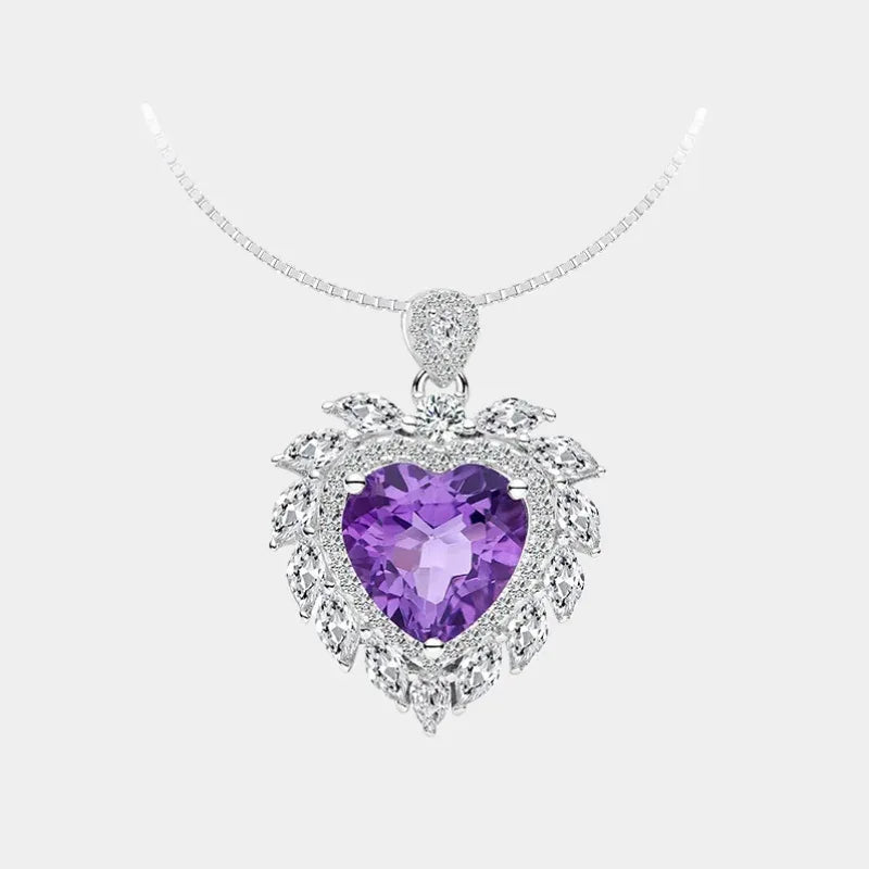 heart-cut amethyst halo necklace front product view on a white background