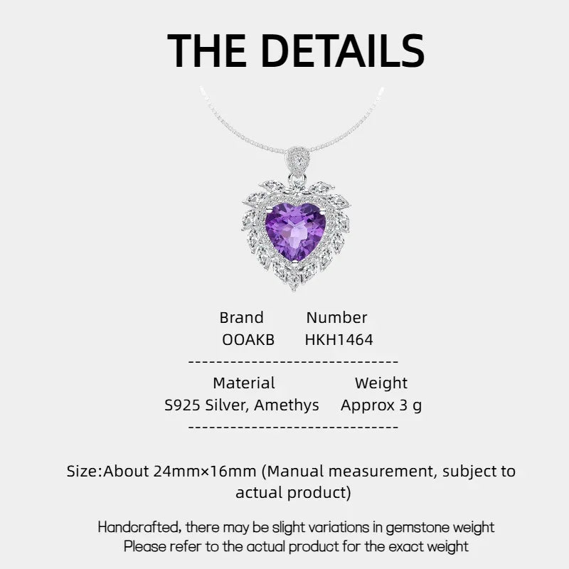 heart-cut amethyst halo necklace specification card with product measurements