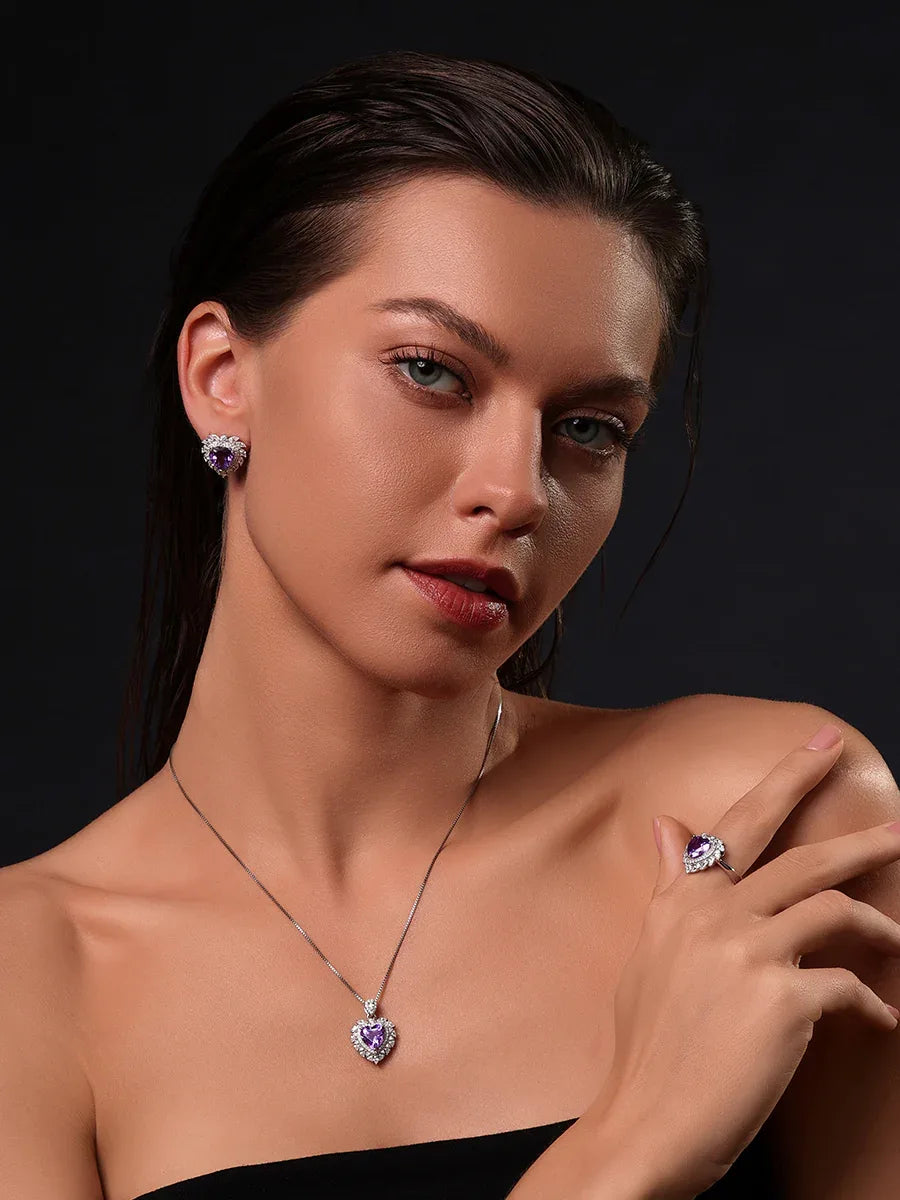 heart-cut amethyst halo necklace styled model view showing pendant scale