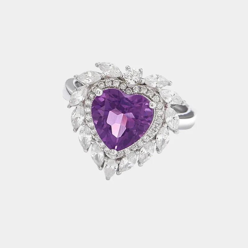 heart-cut amethyst halo ring front product view on a white background