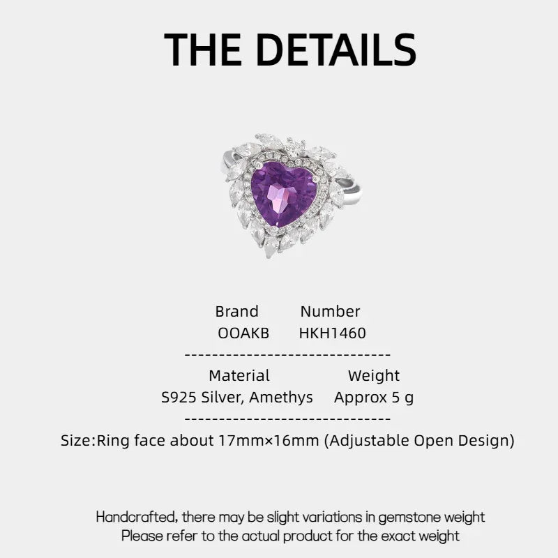 heart-cut amethyst halo ring specification card with product measurements